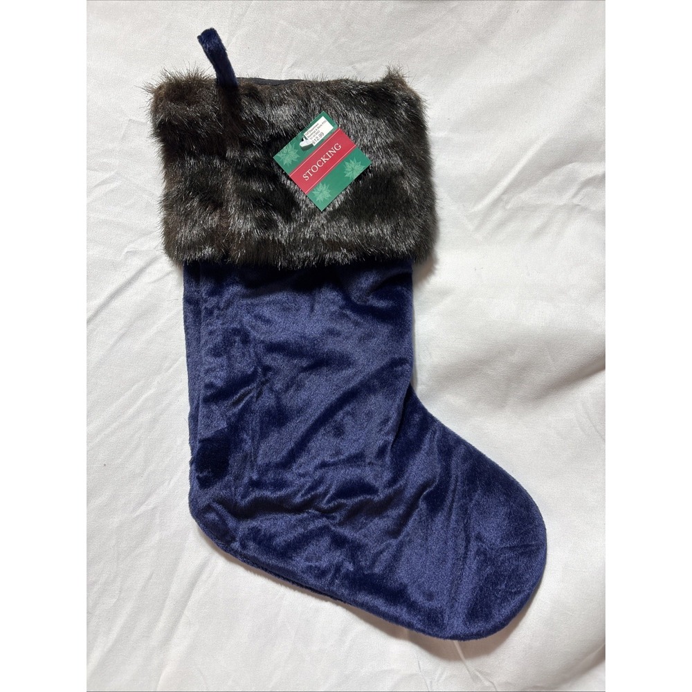 NEW NAVY BLUE‎ CHRISTMAS STOCKING BROWN FAUX FUR CUFF Approx 16" LINED TARGET